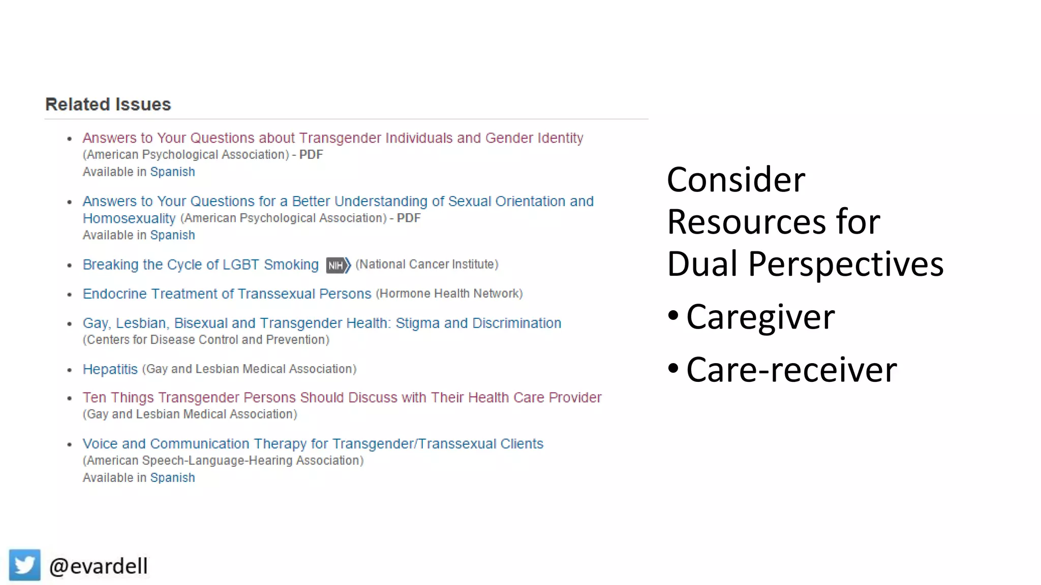 Consider
Resources for
Dual Perspectives
•Caregiver
•Care-receiver