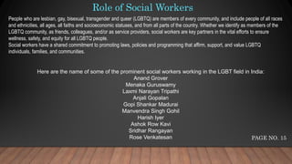 Role of Social Workers
People who are lesbian, gay, bisexual, transgender and queer (LGBTQ) are members of every community, and include people of all races
and ethnicities, all ages, all faiths and socioeconomic statuses, and from all parts of the country. Whether we identify as members of the
LGBTQ community, as friends, colleagues, and/or as service providers, social workers are key partners in the vital efforts to ensure
wellness, safety, and equity for all LGBTQ people.
Social workers have a shared commitment to promoting laws, policies and programming that affirm, support, and value LGBTQ
individuals, families, and communities.
Here are the name of some of the prominent social workers working in the LGBT field in India:
Anand Grover
Menaka Guruswamy
Laxmi Narayan Tripathi
Anjali Gopalan
Gopi Shankar Madurai
Manvendra Singh Gohil
Harish Iyer
Ashok Row Kavi
Sridhar Rangayan
Rose Venkatesan PAGE NO. 15
 