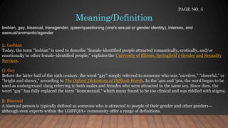 Meaning/Definition
lesbian, gay, bisexual, transgender, queer/questioning (one's sexual or gender identity), intersex, and
asexual/aromantic/agender
L: Lesbian
Today, the term "lesbian" is used to describe "female-identified people attracted romantically, erotically, and/or
emotionally to other female-identified people," explains the University of Illinois, Springfield's Gender and Sexuality
Services.
G: Gay
Before the latter half of the 19th century, the word "gay" simply referred to someone who was "carefree," "cheerful," or
"bright and showy," according to The Oxford Dictionary of Difficult Words. In the '40s and '50s, the word began to be
used as underground slang referring to both males and females who were attracted to the same sex. Since then, the
word "gay" has fully replaced the term "homosexual," which many found to be too clinical and was riddled with stigma.
B: Bisexual
A bisexual person is typically defined as someone who is attracted to people of their gender and other genders—
although even experts within the LGBTQIA+ community offer a range of definitions.
PAGE NO. 5
 