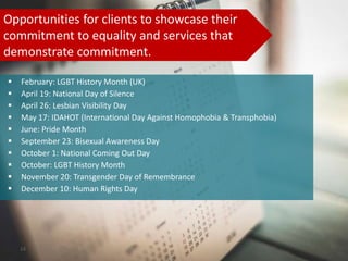 24
 February: LGBT History Month (UK)
 April 19: National Day of Silence
 April 26: Lesbian Visibility Day
 May 17: ID...