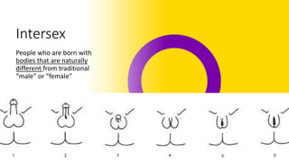 Intersex
People who are born with
bodies that are naturally
different from traditional
“male” or “female”
 