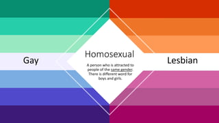 A person who is attracted to
people of the same gender.
There is different word for
boys and girls.
Homosexual
Gay Lesbian
 