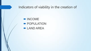 Indicators of viability in the creation of
 INCOME
 POPULATION
 LAND AREA
 