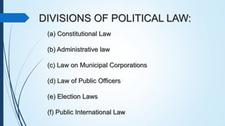 DIVISIONS OF POLITICAL LAW:
(a) Constitutional Law
(b) Administrative law
(c) Law on Municipal Corporations
(d) Law of Pub...