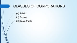 CLASSES OF CORPORATIONS
(a) Public
(b) Private
(c) Quasi-Public
 