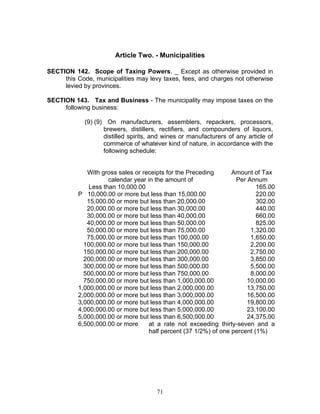 Article Two. - Municipalities
SECTION 142. Scope of Taxing Powers. _ Except as otherwise provided in
this Code, municipalities may levy taxes, fees, and charges not otherwise
levied by provinces.
SECTION 143. Tax and Business - The municipality may impose taxes on the
following business:
(9) (9) On manufacturers, assemblers, repackers, processors,
brewers, distillers, rectifiers, and compounders of liquors,
distilled spirits, and wines or manufacturers of any article of
commerce of whatever kind of nature, in accordance with the
following schedule:
With gross sales or receipts for the Preceding
calendar year in the amount of
Amount of Tax
Per Annum
Less than 10,000.00 165.00
P 10,000.00 or more but less than 15,000.00 220.00
15,000.00 or more but less than 20,000.00 302.00
20,000.00 or more but less than 30,000.00 440.00
30,000.00 or more but less than 40,000.00 660.00
40,000.00 or more but less than 50,000.00 825.00
50,000.00 or more but less than 75,000.00 1,320.00
75,000.00 or more but less than 100,000.00 1,650.00
100,000.00 or more but less than 150,000.00 2,200.00
150,000.00 or more but less than 200,000.00 2,750.00
200,000.00 or more but less than 300,000.00 3,850.00
300,000.00 or more but less than 500,000.00 5,500.00
500,000.00 or more but less than 750,000.00 8,000.00
750,000.00 or more but less than 1,000,000.00 10,000.00
1,000,000.00 or more but less than 2,000,000.00 13,750.00
2,000,000.00 or more but less than 3,000,000.00 16,500.00
3,000,000.00 or more but less than 4,000,000.00 19,800.00
4,000,000.00 or more but less than 5,000,000.00 23,100.00
5,000,000.00 or more but less than 6,500,000.00 24,375.00
6,500,000.00 or more at a rate not exceeding thirty-seven and a
half percent (37 1/2%) of one percent (1%)
71
 