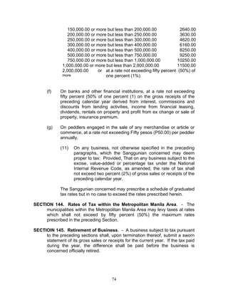 150,000.00 or more but less than 200,000.00 2640.00
200,000.00 or more but less than 250,000.00 3630.00
250,000.00 or more but less than 300,000.00 4620.00
300,000.00 or more but less than 400,000.00 6160.00
400,000.00 or more but less than 500,000.00 8250.00
500,000.00 or more but less than 750,000.00 9250.00
750,000.00 or more but less than 1,000,000.00 10250.00
1,000,000.00 or more but less than 2,000,000.00 11500.00
2,000,000.00 or
more
at a rate not exceeding fifty percent (50%) of
one percent (1%)
(f) On banks and other financial institutions, at a rate not exceeding
fifty percent (50% of one percent (1) on the gross receipts of the
preceding calendar year derived from interest, commissions and
discounts from lending activities, income from financial leasing,
dividends, rentals on property and profit from ex change or sale of
property, insurance premium.
(g) On peddlers engaged in the sale of any merchandise or article or
commerce, at a rate not exceeding Fifty pesos (P50.00) per peddler
annually.
(11) On any business, not otherwise specified in the preceding
paragraphs, which the Sanggunian concerned may deem
proper to tax: Provided, That on any business subject to the
excise, value-added or percentage tax under the National
Internal Revenue Code, as amended, the rate of tax shall
not exceed two percent (2%) of gross sales or receipts of the
preceding calendar year.
The Sanggunian concerned may prescribe a schedule of graduated
tax rates but in no case to exceed the rates prescribed herein.
SECTION 144. Rates of Tax within the Metropolitan Manila Area. - The
municipalities within the Metropolitan Manila Area may levy taxes at rates
which shall not exceed by fifty percent (50%) the maximum rates
prescribed in the preceding Section.
SECTIOIN 145. Retirement of Business. - A business subject to tax pursuant
to the preceding sections shall, upon termination thereof, submit a sworn
statement of its gross sales or receipts for the current year. If the tax paid
during the year, the difference shall be paid before the business is
concerned officially retired.
74
 