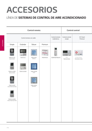 176
ACCESORIOS
ACCESORIOS
LÍNEA DE SISTEMAS DE CONTROL DE AIRE ACONDICIONADO
Control remoto Control central
Control remoto con cable
Control remoto
inalámbrico
Control central
simple
AC Smart
Premium
Simple Estándar Deluxe Premium
PQRCVCL0Q
(negro/simple)
PQRCVSL0 PQRCUDS0
(blanco)
PREMTA000 PQWRHQ0FDB(H/P) AC Ez
PQCSZ250S0
AC Smart Premium
PQCSW421E0A
PQRCVCL0QW
(blanco/simple)
PQRCVSL0QW PQRCUDSOB
(azul)
PQRCHCA0Q
(negro/simple para hotel)
PQRCUDSOS
(plateado)
PQRCHCA0QW
(blanco/simple para hotel)
PQRCVSL0
07 LG AA 2014 ACCESORIOS1.indd 17607 LG AA 2014 ACCESORIOS1.indd 176 4/4/14 10:14:284/4/14 10:14:28
 