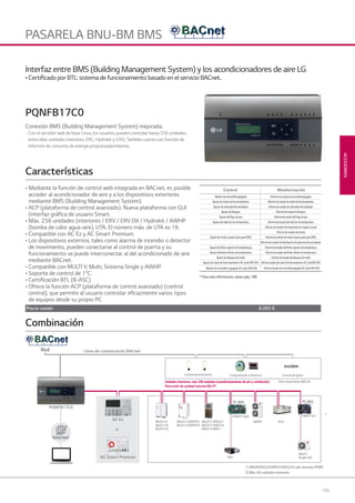 195
ACCESORIOS
PASARELA BNU-BM BMS
o
AC Smart Premium
AC Ez
PI 485
MULTI VII
MULTI VIII
MULTI VIV
MULTI V SPACEII
MULTI V SPACEIII
MULTI V MINI
MULTI V WATERII
MULTI V WATERIV
PHNFP14A0
ERV
AWHP AHU
PQNFB17C0
Red
Combinación
Internet
Línea de comunicación BACnet
Otros dispositivos BACnetUnidadesinteriores:máx256unidades(acondicionamientodeaireyventilación)
Dirección de unidad interior:00-FF
Comprobación a distancia Control de gastoControl de iluminación
1) ARUN40GS2A/ARUV40GS2A solo necesita PI485
2) Máx. 64 unidades interiores
PI 485
MULTI,
Single CAC
PMNF14A1
2)
1)
Interfaz entre BMS (Building Management System) y los acondicionadores de aire LG
• Certiﬁcado por BTL: sistema de funcionamiento basado en el servicio BACnet..
PQNFB17C0
Conexión BMS (Building Management System) mejorada.
- Con el servidor web de base Linux, los usuarios pueden controlar hasta 256 unidades,
entre ellas unidades interiores, ERC, Hydrokit y UTA).También cuenta con función de
informes de consumo de energía programada/máxima.
• Mediante la función de control web integrada en BACnet, es posible
acceder al acondicionador de aire y a los dispositivos exteriores
mediante BMS (Building Management System).
• ACP (plataforma de control avanzado). Nueva plataforma con GUI
(interfaz gráﬁca de usuario Smart.
• Máx. 256 unidades (interiores / ERV / ERV DX / Hydrokit / AWHP
(bomba de calor agua-aire), UTA. El número máx. de UTA es 16.
• Compatible con AC Ez y AC Smart Premium.
• Los dispositivos externos, tales como alarma de incendio o detector
de movimiento, pueden conectarse al control de puerta y su
funcionamiento se puede interconectar al del acondicionado de aire
mediante BACnet.
• Compatible con MULTI V, Multi, Sistema Single y AWHP.
• Soporte de control de 10
C.
• Certiﬁcación BTL (B-ASC)
• Ofrece la función ACP (plataforma de control avanzado) (control
central), que permite al usuario controlar eﬁcazmente varios tipos
de equipos desde su propio PC.
* Para más información, véase pág. 188
Características
Control Monitorización
Mandodeencendido/apagado Informedeestadodeencendido/apagado
Ajustedemododefuncionamiento Informedeestadodemododefuncionamiento
Ajustedevelocidaddelventilador Informedeestadodevelocidaddelventilador
Ajustedebloqueo Informedeestadodebloqueo
Ajustedelﬂujodeaire Informedeestadodelﬂujodeaire
Ajustedelselectordetemperatura Informedeestadodelselectordetemperatura
- Informedeestadodetemperaturaenespacioactual
- Informedeestadodeerrores
Ajustedemodousuario(soloparaERV) Informedeestadodemodousuario(soloparaERV)
- Informedeestadodedistribucióndepotenciadelacumulador
Ajustedelímitesuperiordetemperatura Informedeestadodellímitesuperiordetemperatura
Ajustedellímiteinferiordetemperatura Informedeestadodellímiteinferiordetemperatura
Ajustedebloqueodemodo Informedeestadodelbloqueodemodo
AjustedemododefuncionamientoAC(soloERVDX) InformeestadodelmododefuncionamientoAC(soloERVDX)
Mandodeencendido/apagadoAC(soloERVDX) Informeestadodeencendido/apagadoAC(soloERVDX)
Precio cesión 6.000 €
07 LG AA 2014 ACCESORIOS1.indd 19507 LG AA 2014 ACCESORIOS1.indd 195 4/4/14 10:18:534/4/14 10:18:53
 