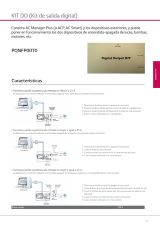 197
ACCESORIOS
KIT DO (Kit de salida digital)
1. Desconecte la alimentación o apague el interruptor
2. Conecte la alimentación del interruptor al cable de relé adicional
3. Conecte la alimentación del dispositivo al cable de relé adicional
4. Cubra el área conectada con cinta aislante
1. Desconecte la alimentación o apague el interruptor
2. Corte la línea de comunicación
3. Conecte la línea de comunicación al cable de relé adicional
4. Cubra el área conectada con cinta aislante
1. Desconecte la alimentación o apague el interruptor
2. Corte la línea de la línea de alimentación del interruptor al cable de relé
3. Conecte la línea de alimentación del relé suministrado al cable de relé
adicional
4. Conecte la línea de alimentación al relé suministrado
5. Cubra el área conectada con cinta aislante
• Funciona cuando la potencia de entrada es inferior a 25 A
(el dispositivo se controla mediante el encendido-apagado de la alimentación de potencia del producto)
• Funciona cuando la potencia de entrada es mayor o igual a 25 A
(el dispositivo se controla mediante el encendido-apagado de la línea de comunicación interior/exterior)
• Funciona cuando la potencia de entrada es mayor o igual a 25 A
(el dispositivo se controla mediante el encendido-apagado del producto mediante un relé especíﬁcamente suministrado)
p p g
Conecta AC Manager Plus (o ACP, AC Smart) y los dispositivos exteriores, y puede
poner en funcionamiento los dos dispositivos de encendido-apagado de luces, bombas,
motores, etc.
Características
PQNFP00T0
Precio cesión 729 €
07 LG AA 2014 ACCESORIOS1.indd 19707 LG AA 2014 ACCESORIOS1.indd 197 4/4/14 10:19:184/4/14 10:19:18
 