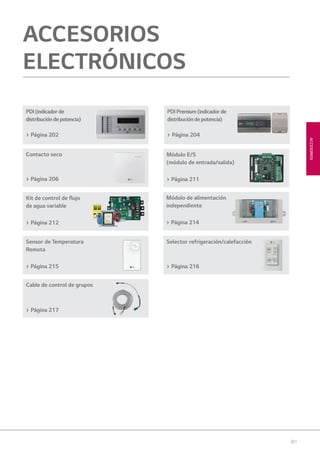 201
ACCESORIOS
Módulo de alimentación
independiente
> Página 214
PDI(indicadorde
distribucióndepotencia)
> Página 202
PDIPremium(indicadorde
distribucióndepotencia)
> Página 204
Contacto seco
> Página 206
Kit de control de ﬂujo
de agua variable
> Página 212
Sensor de Temperatura
Remota
> Página 215
Cable de control de grupos
> Página 217
Selector refrigeración/calefacción
> Página 216
ACCESORIOS
ELECTRÓNICOS
Módulo E/S
(módulo de entrada/salida)
> Página 211
07 LG AA 2014 ACCESORIOS1.indd 20107 LG AA 2014 ACCESORIOS1.indd 201 4/4/14 10:19:294/4/14 10:19:29
 