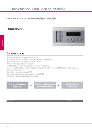 202
ACCESORIOS
PDI (Indicador de Distribución de Potencia)
• Indicación de consumo de energía total acumulado.
• Indicación de consumo de energía acumulado/actual por unidad interior.
• Indicación de consumo de energía acumulado por mes.
• Número máximo de unidades interiores: 64.
• 1 PDI (indicador de distribución de potencia por cada unidad exterior.
• Función a prueba de fallos en el suministro de energía: copia de datos en memoria EEPROM conservada aunque se
interrumpa el suministro.
• Conectable a controles centrales de PC.
• Conexión sencilla con sistema de medición remota (RS485)
• Fórmula de indicación de distribución de potencia.
Características
PQNUD1S00
Indicación de consumo total de energía para Multi Split
* Carga por habitación: carga calculada en función de la temperatura establecida por habitación, modo y tiempo de funcionamiento
= ×Energía utilizada por
habitación
Energía total consumida
por unidad exterior
Carga total por
habitación
Precio cesión Consultar
08 LG AA 2014 ACCESORIOS2.indd 20208 LG AA 2014 ACCESORIOS2.indd 202 4/4/14 10:32:244/4/14 10:32:24
 