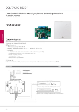 208
ACCESORIOS
CONTACTO SECO
COMM
InputA
InputB
BUSB
BUSA
LG no suministraUnidad
de control de
habitaciones
esta sección
(suministrada in situ)
Pantalla de error
(depende del tipo de alimentación de la pantalla de funcionamiento)
Power
AC or DC
Suministrado in situ
(depende del tipo de alimentación de la pantalla de error)
Power
AC or DC
Pantalla de funcionamiento
Conexión entre una unidad interior y dispositivos exteriores para controlar
diversas funciones
PQDSBCGCD0
Características
1) Nombre del modelo: PQDSBCGCD0
2) Especiﬁcaciones
• Dimensiones (mm): 105x78x35
• Modelos en los que se utiliza : MULTI V II, MULTI V III, MULTI V IV
• Funciones
- Puntos de contacto: 2 (el funcionamiento depende del modo control_ajuste SW)
- Entrada modo comunicación Pl 485: comunicación LGAP 485
- Entrada/ no entrada de voltaje
- Monitorización de errores
- Monitorización de funcionamiento
3) Descripción
Producto especialmente diseñado para interactura con otros controles mediante comunicación por contacto seco o RS485.
Precio cesión 216 €
08 LG AA 2014 ACCESORIOS2.indd 20808 LG AA 2014 ACCESORIOS2.indd 208 4/4/14 10:33:084/4/14 10:33:08
 