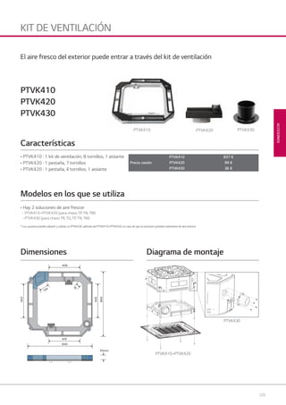 225
ACCESORIOS
KIT DE VENTILACIÓN
134
55mm
435
443
840
406
419
840
81
PTVK410+PTVK420
PTVK430
Características
Modelos en los que se utiliza
Dimensiones Diagrama de montaje
• PTVK410 : 1 kit de ventilación, 8 tornillos, 1 aislante
• PTVK420 : 1 pestaña, 7 tornillos
• PTVK420 : 1 pestaña, 4 tornillos, 1 aislante
• Hay 2 soluciones de aire frescor
- PTVK410+PTVK420 (para chasis TP, TN, TM)
- PTVK430 (para chasis TR, TQ, TP, TN, TM)
* Los usuarios pueden adquirir y utilizar un PTVK430, además del PTVK410+PTVK420, en caso de que se procesen grandes volúmenes de aire exterior
El aire fresco del exterior puede entrar a través del kit de ventilación
PTVK410 PTVK430PTVK420
PTVK410
PTVK420
PTVK430
PTVK430
Precio cesión
PTVK410 837 €
PTVK420 99 €
PTVK430 36 €
08 LG AA 2014 ACCESORIOS2.indd 22508 LG AA 2014 ACCESORIOS2.indd 225 4/4/14 10:47:564/4/14 10:47:56
 