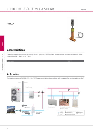 34
KITDEENERGÍATÉRMICASOLARTHERMAV
Alta temperatura Termostato de temperatura ambiente (no suministrado con el kit)
Válvula de control de 2 vías
motorizada (no suministrada)
Válvula de control de de 3
vías motorizada
(no suministrada)
Válvula de derivación (no suministrada)
Baja temperatura
Llave de pasoFuente de energía solar
• PHLLA
Para interconexión del sistema de energía térmica solar con THERMA V y el tanque de agua sanitaria de serpentín doble.
Dimensiones (an x al x f): 110x55x22
Características
Aplicación
Componentes: sistema THERMA V, PHLTA, PHLTC y elementos adquiridos en el lugar de la instalación (no suministrados con el kit).
Exterior Interior
Unidad fan coil
Agua caliente
sanitaria
Circuito de calefacción
por suelo radiante
Radiador
Unidad interiorUnidad exterior
Agua caliente
Agua de la red
de suministro
Precio cesión 225 €
PHLLAKIT DE ENERGÍA TÉRMICA SOLAR
02 LG AA 2014 therma V.indd Sec1:3402 LG AA 2014 therma V.indd Sec1:34 4/4/14 09:35:464/4/14 09:35:46
 