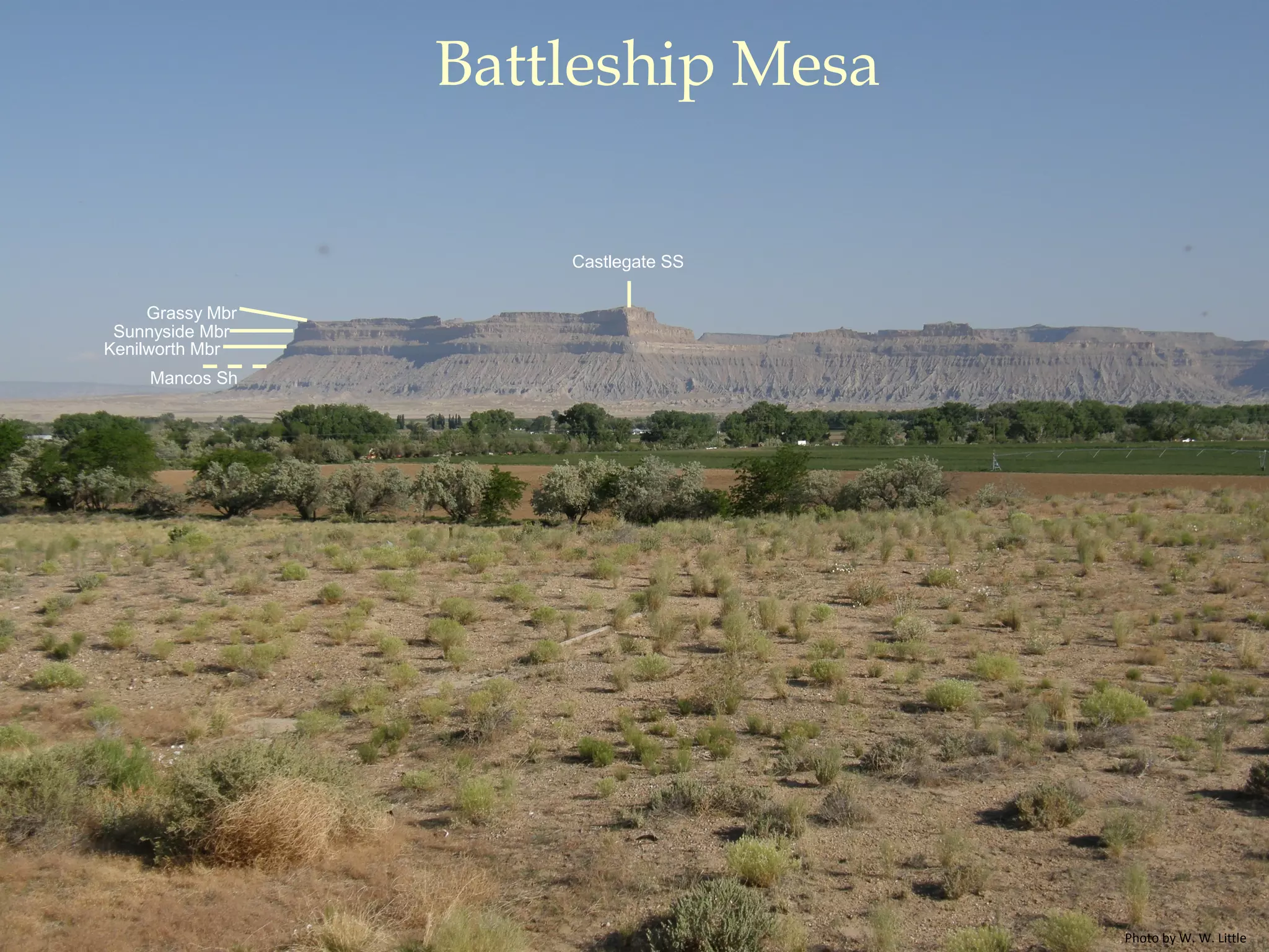Mancos Sh
Kenilworth Mbr
Sunnyside Mbr
Grassy Mbr
Castlegate SS
Battleship Mesa
Photo by W. W. Little
