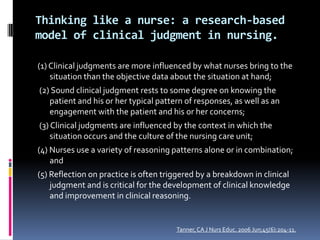 Thinking like a nurse: a research-based
model of clinical judgment in nursing.

(1) Clinical judgments are more influenced by what nurses bring to the
    situation than the objective data about the situation at hand;
(2) Sound clinical judgment rests to some degree on knowing the
   patient and his or her typical pattern of responses, as well as an
   engagement with the patient and his or her concerns;
(3) Clinical judgments are influenced by the context in which the
    situation occurs and the culture of the nursing care unit;
(4) Nurses use a variety of reasoning patterns alone or in combination;
    and
(5) Reflection on practice is often triggered by a breakdown in clinical
    judgment and is critical for the development of clinical knowledge
    and improvement in clinical reasoning.


                                       Tanner, CA J Nurs Educ. 2006 Jun;45(6):204-11.
 