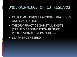 UNDERPINNINGS OF CJ RESEARCH

 OUTCOMES DRIVE LEARNING STRATEGIES
  AND EVALUATION
 THEORY PRACTICE GAP STILL EXISTS
  (CARNEGIE FOUNDATION BENNER
  PROFESSIONAL PREPARATION)
 LEARNER CENTERED
 
