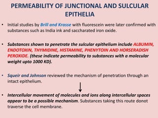 PERMEABILITY OF JUNCTIONAL AND SULCULAR
EPITHELIA
• Initial studies by Brill and Krasse with fluorescein were later confirmed with
substances such as India ink and saccharated iron oxide.
• Substances shown to penetrate the sulcular epithelium include ALBUMIN,
ENDOTOXIN, THYMIDINE, HISTAMINE, PHENYTOIN AND HORSERADISH
PEROXIDE. (these indicate permeability to substances with a molecular
weight upto 1000 KD).
• Squeir and Johnson reviewed the mechanism of penetration through an
intact epithelium.
• Intercellular movement of molecules and ions along intercellular spaces
appear to be a possible mechanism. Substances taking this route donot
traverse the cell membrane.
 