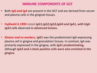 IMMUNE COMPONENTS OF GCF
• Both IgG and IgA are present in the GCF and are derived from serum
and plasma cells in the gingival tissues.
• Fujihashi K.1993 noted IgG1,IgG2,IgG3,IgG4 and IgA1, with high
IgA2 cells observed in advanced lesions.
• Kinane and co-workers, IgG1 was the predominant IgG-expressing
plasma cell in gingiva and granulation tissues. In contrast, IgA was
primarily expressed in the gingiva, with IgA1 predominating,
although IgA2 and J-chain positive cells were also enriched in the
gingiva.
 