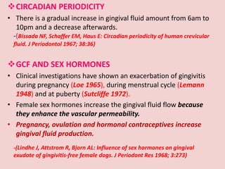 CIRCADIAN PERIODICITY
• There is a gradual increase in gingival fluid amount from 6am to
10pm and a decrease afterwards.
GCF AND SEX HORMONES
• Clinical investigations have shown an exacerbation of gingivitis
during pregnancy (Loe 1965), during menstrual cycle (Lemann
1948) and at puberty (Sutcliffe 1972).
• Female sex hormones increase the gingival fluid flow because
they enhance the vascular permeability.
• Pregnancy, ovulation and hormonal contraceptives increase
gingival fluid production.
-(Bissada NF, Schaffer EM, Haus E: Circadian periodicity of human crevicular
fluid. J Periodontol 1967; 38:36)
-(Lindhe J, Attstrom R, Bjorn AL: Influence of sex hormones on gingival
exudate of gingivitis-free female dogs. J Periodont Res 1968; 3:273)
 