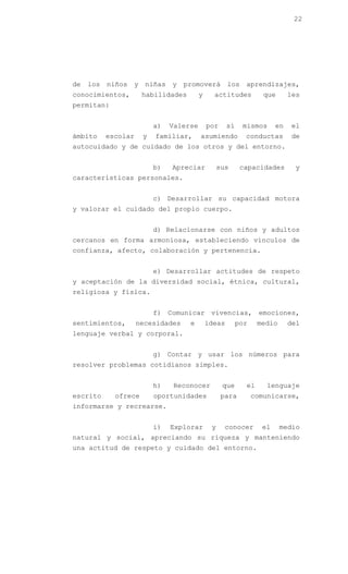 22




de   los   niños   y   niñas    y   promoverá         los    aprendizajes,
conocimientos,         habilidades        y     actitudes           que      les
permitan:


                           a)   Valerse       por     sí    mismos      en   el
ámbito     escolar     y   familiar,      asumiendo          conductas       de
autocuidado y de cuidado de los otros y del entorno.


                           b)   Apreciar           sus      capacidades       y
características personales.


                           c) Desarrollar su capacidad motora
y valorar el cuidado del propio cuerpo.


                           d) Relacionarse con niños y adultos
cercanos en forma armoniosa, estableciendo vínculos de
confianza, afecto, colaboración y pertenencia.


                           e) Desarrollar actitudes de respeto
y aceptación de la diversidad social, étnica, cultural,
religiosa y física.


                           f) Comunicar vivencias, emociones,
sentimientos,        necesidades     e        ideas        por    medio      del
lenguaje verbal y corporal.


                           g) Contar y usar los números para
resolver problemas cotidianos simples.


                           h)   Reconocer           que      el     lenguaje
escrito      ofrece        oportunidades            para         comunicarse,
informarse y recrearse.


                           i)   Explorar       y     conocer       el     medio
natural y social, apreciando su riqueza y manteniendo
una actitud de respeto y cuidado del entorno.
 