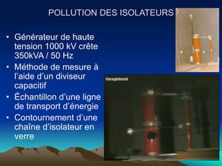 POLLUTION DES ISOLATEURS
• Générateur de haute
tension 1000 kV crête
350kVA / 50 Hz
• Méthode de mesure à
l’aide d’un diviseur
capacitif
• Échantillon d’une ligne
de transport d’énergie
• Contournement d’une
chaîne d’isolateur en
verre
 