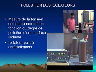 POLLUTION DES ISOLATEURS
• Mesure de la tension
de contournement en
fonction du degré de
pollution d’une surface
isolante
• Isolateur pollué
artificiellement
 