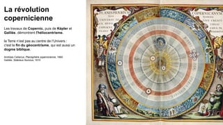 La révolution
copernicienne
Les travaux de Copernic, puis de Képler et
Galilée, démontrent l'héliocentrisme.
la Terre n’est pas au centre de l’Univers :
c'est la fin du géocentrisme, qui est aussi un
dogme biblique.
Andréas Cellarius, Planisphère copernicienne, 1660
Galilée, Sidereus Nuncius, 1610
 
