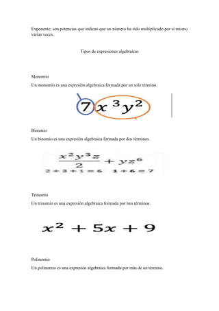 Exponente: son potencias que indican que un número ha sido multiplicado por sí mismo
varias veces.
Tipos de expresiones algebraicas
Monomio
Un monomio es una expresión algebraica formada por un solo término.
Binomio
Un binomio es una expresión algebraica formada por dos términos.
Trinomio
Un trinomio es una expresión algebraica formada por tres términos.
Polinomio
Un polinomio es una expresión algebraica formada por más de un término.
 