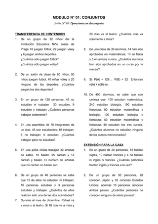 MODULO N° 01: CONJUNTOS
Sesión N° 05: Operaciones con dos conjuntos
TRANSFERENCIA DE CONTENIDOS
1. De un grupo de 32 niños del la
Institución Educativa Niño Jesús de
Praga 18 juegan fútbol, 22 juegan vóley
y 8 juegan ambos deportes.
¿Cuántos sólo juegan fútbol?
¿Cuántos sólo juegan vóley?
2. De un salón de clase de 80 niños, 50
niños juegan futbol, 40 niñas vóley y 20
ninguno de los deportes. ¿Cuántos
juegan los dos deportes?
3. En un grupo de 120 personas, 45 no
estudian ni trabajan 30 estudian, 9
estudian y trabajan ¿Cuántas personas
trabajan solamente?
4. En una asamblea de 70 integrantes de
un club, 45 son estudiantes; 48 trabajan;
8 no trabajan ni estudian. ¿Cuántos
trabajan pero no estudian?
5. En una peña criolla trabajan 32 artistas
de éstos, 16 bailan; 25 cantan y 12
cantan y bailan. El número de artistas
que no cantan no bailan son:
6. De un grupo de 40 personas se sabe
que 15 de ellos no estudian ni trabajan;
10 personas estudian y 3 personas
estudian y trabajan. ¿Cuántos de ellos
realizan sólo una de las dos actividades?
7. Durante el mes de diciembre, Rafael va
a misa o al teatro. Si 18 días va a misa y
20 días va al teatro. ¿Cuántos días va
solamente a misa?
8. En una clase de 30 alumnos, 14 han sido
aprobados en matemáticas; 10 en física
y 5 en ambos cursos. ¿Cuántos alumnos
han sido aprobados en un curso por lo
menos?
9. Si: P(A) = 128 , P(B) = 32 Entonces
n(A) + n(B) es:
10. De 400 alumnos, se sabe que con
certeza que: 100 estudian matemática;
240 estudian biología; 190 estudian
literatura; 80 estudian matemática y
biología; 100 estudian biología y
literatura; 50 estudian matemática y
literatura; 40 estudian los tres cursos.
¿Cuántos alumnos no estudian ninguno
de los cursos mencionados?
EXTENSIÓN PARA LA CASA
1. En un grupo de 20 personas, 15 hablan
inglés, 10 hablan francés y 4 no hablan
ni ingles ni francés. ¿Cuántas personas
hablan inglés y francés a la vez?
2. De un grupo de 50 personas, 28
conocen Japón y 32 conocen Estados
Unidos, además 15 personas conocen
ambos países. ¿Cuántas personas no
conocen ninguno de estos países?
 