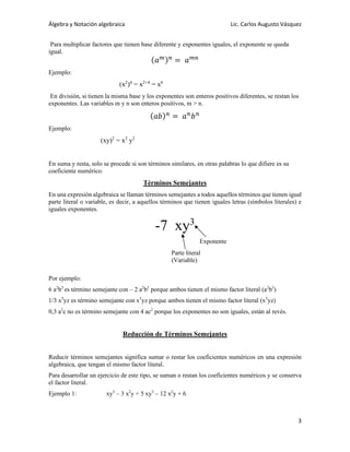 Álgebra y Notación algebraica Lic. Carlos Augusto Vásquez
3
Para multiplicar factores que tienen base diferente y exponentes iguales, el exponente se queda
igual.
(𝑎𝑚)𝑛
= 𝑎𝑚𝑛
Ejemplo:
(x2
)4
= x2+4
= x6
En división, si tienen la misma base y los exponentes son enteros positivos diferentes, se restan los
exponentes. Las variables m y n son enteros positivos, m > n.
(𝑎𝑏)𝑛
= 𝑎𝑛
𝑏𝑛
Ejemplo:
(xy)2
= x2
y2
En suma y resta, solo se procede si son términos similares, en otras palabras lo que difiere es su
coeficiente numérico.
Términos Semejantes
En una expresión algebraica se llaman términos semejantes a todos aquellos términos que tienen igual
parte literal o variable, es decir, a aquellos términos que tienen iguales letras (símbolos literales) e
iguales exponentes.
-7 xy3
Exponente
Parte literal
(Variable)
Por ejemplo:
6 a2
b3
es término semejante con – 2 a2
b3
porque ambos tienen el mismo factor literal (a2
b3
)
1/3 x5
yz es término semejante con x5
yz porque ambos tienen el mismo factor literal (x5
yz)
0,3 a2
c no es término semejante con 4 ac2
porque los exponentes no son iguales, están al revés.
Reducción de Términos Semejantes
Reducir términos semejantes significa sumar o restar los coeficientes numéricos en una expresión
algebraica, que tengan el mismo factor literal.
Para desarrollar un ejercicio de este tipo, se suman o restan los coeficientes numéricos y se conserva
el factor literal.
Ejemplo 1: xy3
– 3 x2
y + 5 xy3
– 12 x2
y + 6
 