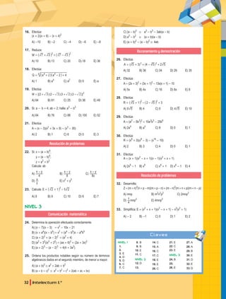 32 Intelectum 1.°
16. Efectúa:
(x + 2)(x + 6) - (x + 4)2
A) -10 B) -2 C) -4 D) -6 E) -8
17. Reduce:
M 7 3 7 3
2 2
= + + -
_ _
i i
A) 10 B) 13 C) 20 D) 18 E) 36
18. Efectúa:
Q a a
2 2 4
4 4
8
= + - +
_ _
i i
A) 1 B) a4
C) a2
D) 0 E) a
19. Efectúa:
[(2 )(2 )(3 )(3 )]
M 3 3 2 2 2
= + - + -
A) 64 B) 81 C) 25 D) 36 E) 49
20. Si: a - b = 4; ab = 2; halla: a3
- b3
A) 64 B) 76 C) 88 D) 100 E) 52
21. Efectúa:
A = (x - 3)(x2
+ 3x + 9) - (x3
- 30)
A) 2 B) 1 C) 6 D) 0 E) 3
Resolución de problemas
22. Si: x = (a + b)4
;
y = (a - b)4
;
z = a2
+ b2
Calcula: ab
A)
x y
4
-
B)
x y
8
-
C)
z
x y
8
-
D)
y
x E) x2
+ y2
23. Calcula: E = 5
2 1 2
3
+ -
_ i
A) 8 B) 9 C) 10 D) 6 E) 7
Nivel 3
Comunicación matemática
24. Determina la operación efectuada correctamente.
A) (x - 7)(x - 3) = x2
- 10x - 21
B) (x + aa
)(x - bb
) = x2
+ (aa
- bb
)x - aa
bb
C) (a + 2)2
+ (a - 2)2
= (a2
+ 4)
D) (a2
+ 32
)(x2
+ 22
) = (ax + 6)2
+ (2a + 3x)2
E) (a + 2)3
- (a - 2)3
= 4(4 + 3a3
)
25. Ordena los productos notables según su número de términos
algebraicos dados en el segundo miembro, de menor a mayor.
A) (a + b)2
/ a2
+ 2ab + b2
B) (a + b + c)2
/ a2
+ b2
+ c2
+ 2(ab + ac + bc)
C) (a - b)3
/ a3
- b3
- 3ab(a - b)
D) a2
- b2
/ (a + b)(a - b)
E) (a + b)2
- (a - b)2
/ 4ab
Razonamiento y demostración
26. Efectúa:
( 3) (4 ) 2
A 5 5 5
2 2
= + + - +
A) 32 B) 36 C) 34 D) 29 E) 35
27. Efectúa:
A= (2x + 3)2
+ (3x + 1)2
- 13x(x + 1) - 10
A) 5x B) 4x C) 16 D) 8x E) 8
28. Efectúa:
R = 3
5 1 2 5
2 2
+ - - +
_ _
i i
A) 6 5 B) 4 C) 0 D) 4 5 E) 10
29. Efectúa:
A = (a2
- 5b3
)2
+ 10a2
b3
- 25b6
A) 2a4
B) a4
C) 8 D) 0 E) 1
30. Efectúa:
R = (x8
+ 3)(x8
- 3) - (x16
- 10)
A) 2 B) 3 C) 4 D) 0 E) 1
31. Efectúa:
A = (x + 1)(x2
- x + 1)(x - 1)(x2
+ x + 1)
A) 2x6
- 1 B) x6
C) x6
+ 1 D) x6
- 1 E) 4
Resolución de problemas
32. Desarrolla:
Z=(m+n)2
(n+p-m)(m+p-n)+(m-n)2
(m+n+p)(m+n-p)
A) mnp B) m2
n2
p2
C) 2mnp2
D)
4
1 mnp2
E) 4mnp2
33. Simplifica: E = (x2
+ x + 1)(x2
- x + 1) - x2
(x2
+ 1)
A) - 2 B) -1 C) 0 D) 1 E) 2
Claves
Nivel 1
1.
2.
3. e
4. d
5. d
6. c
7. c
8. b
9. b
10. e
11. C
Nivel 2
12. d
13.
14. c
15. A
16. c
17. c
18. e
19. E
20. c
21. e
22. C
23. E
Nivel 3
24. B
25.
26. e
27. A
28. a
29. b
30. e
31. d
32. e
33. D
 