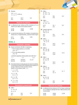 64 Intelectum 1.°
11. Resuelve:
x y
x y
e indica xy
2 4
5
- =
+ =
* .
A) 4 B) 12 C) 6
D) 8 E) 10
Resolución de problemas
12. La diferencia de dos números es 328, el cociente es 12 y el
residuo es 20. Halla la suma de dichos números.
A) 358 B) 384 C) 356
D) 346 E) 406
13. La suma de dos números es 103, el residuo y el cociente de su
división son 5 y 13 respectivamente. ¿Cuál es el número mayor?
A) 13 B) 65 C) 96
D) 100 E) 103
NIVEL 2
Comunicación matemática
14. Examen de Admisión UNI 2008-II (matemática).
▪
▪ Para los enteros positivos a y b se define:
a # b = a2b - 1
▪
▪ Si x e y son enteros positivos:
x # y = 32
¿Cuál de los siguientes números podrían ser el valor de y?
I. 1		 II. 2		 III. 3
A) Solo I B) Solo III C) I y III
D) II y III E) I; II y III
15. Qué sistema lineal es el adecuado para dar solución al problema:
La suma de dos números es 84. El triple del menor excede en 12
al mayor. Determina el menor de dichos números.
Siendo x e y los números, donde: x > y
I. x + y = 84
3x - y = -12
II. x + y = 84
3x = y + 12
III. x + y = 84
3y = x + 12
IV. x + y = 84
3y + x = 12
Razonamiento y demostración
16. Halla x:
7x - 5y = 23
2x + y = 9
A) 4 B) 3 C) 6
D) 1 E) 8
17. Halla y:
3x - 5y = -11
2x - 8y = - 26
A) 3 B) 4 C) 5
D) 6 E) 8
18. Halla y:
8x + y = 2
4x - 3y = -34
A) 10 B) -1 C) 2
D) 3 E) 4
19. Calcula el valor de a:
9b - 2a = 17
12b + a = 41
A) 4 B) 3 C) 5
D) 8 E) 12
20. Halla x:
5x - 4y = 14
6x - y = 51
A) 9 B) 12 C) 10
D) 18 E) 20
21. Halla m:
8m - 2n = 20
7m + 3n = 65
A) 5 B) 10 C) 12
D) 8 E) 20
22. Halla x:
12x - y = 50
8x + 3y = 70
A) 6 B) 10 C) 8
D) 5 E) 12
23. Halla m:
3m + 2n = 24
5m - n = 27
A) 8 B) 7 C) -7
D) 6 E) -8
24. Halla y:
9y + 2x = 42
7y - x = 25
A) 3 B) 6 C) 5
D) 4 E) 8
Resolución de problemas
25. La diferencia de dos números es 40. Si el mayor se disminuye
en 4, se obtiene el cuádruple del menor. Halla el producto de los
números dados.
A) 620 B) 624 C) 324
D) 402 E) 604
 