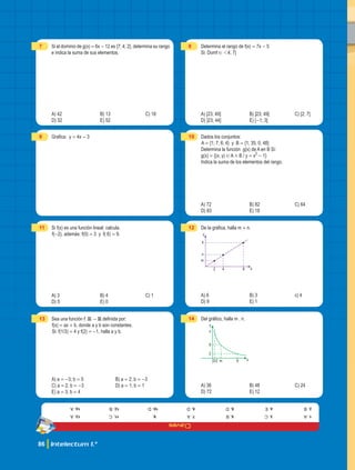 Claves
86 Intelectum 1.°
1.
a
2.
B
3.
c
4.
E
5.
b
6.
D
7.
A
8.
D
9.
10.
D
11.
C
12.
B
13.
A
14.
A
7 Si el dominio de g(x) = 6x - 12 es {7; 4; 2}, determina su rango
e indica la suma de sus elementos.
A) 42 B) 13 C) 18
D) 32 E) 52
8 Determina el rango de f(x) = 7x - 5
Si: Domf ! 14; 7]
A) [23; 49] B) ]23; 49] C) [2; 7]
D) ]23; 44] E) [-1; 3]
9 Grafica: y = 4x - 3 10 Dados los conjuntos:
A = {1; 7; 6; 4} y B = {1; 35; 0; 48}
Determina la función g(x) de A en B Si:
g(x) = {(x; y) ! A # B / y = x2
- 1}
Indica la suma de los elementos del rango.
A) 72 B) 82 C) 64
D) 83 E) 18
11 Si f(x) es una función lineal; calcula.
f(-2), además: f(0) = 3 y f( 6) = 9.
A) 3 B) 4 C) 1
D) 5 E) 0
12 De la gráfica, halla m + n.
x
y
2 4
4
n
m
8
A) 6 B) 3 c) 4
D) 9 E) 1
13 Sea una función f: R " R definida por:
f(x) = ax + b, donde a y b son constantes.
Si: f(1/3) = 4 y f(2) = -1, halla a y b.
A) a = -3; b = 5		 B) a = 2; b = -3
C) a = 2; b = -3		 D) a = 1; b = 1
E) a = 3; b = 4
14 Del gráfico, halla m . n.
x
9
2
6
n
m
y
3/2
A) 36 B) 48 C) 24
D) 72 E) 12
 