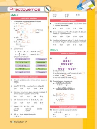 Practiquemos
92 Intelectum 1.°
NIVEL 1
Comunicación matemática
1. En las siguientes progresiones aritméticas completa.
I) : m - 2; m + 1 ; + ; ...
II) : 7 ; ; 17; ...
III)
n = (n.° términos)
r = (razón)
PA
10
35
IV): 2 + 3 ; 3; 3 - ; ...
20 términos
V) : 2; ...; 35 ; ... ; ...;
12 términos
30 términos
2. A) Determina x si:
I) : 4x; 5x + 1; 4x + 10; ... es una PA & x =
II) ::
x
16 ; 7; 3x + 1; ... es una PG & x =
B) Relaciona correctamente:
PA decreciente
PG oscilante
PG creciente
PG creciente
2; 7/2; 5; 13/2
:: ; ; ;...
2 8 32
: a + 1; a + 11 ; a + 21; ...
:: 4; -12 ; 36; - 108 ; ...
: 13; 11; 9; 7; ...
sucesión finita
Razonamiento y demostración
3. Demuestra que la suma de los n primeros números naturales es
( )
n n
2
1
+
.
4. Sea la PA: 10; 14; 18; ... encuentra el término de lugar 20.
A) 38 B) 58 C) 70 D) 50 E) 86
5. Determina el primer término de una progresión aritmética de 29
términos de razón 4 cuyo último término es 119.
A) 14 B) 7 C) 0 D) 4 E) 29
6. Halla el número de términos de: 28; 32; 36; 40;... ; 208.
A) 36 B) 30 C) 46 D) 50 E) 56
7. Calcula: S = 27 + 30 + 33 + ... + 333
A) 10 050 B) 18 540 C) 30 000
D) 5040 E) 3700
8. Halla a20 ' a10, en la siguiente progresión:
:: 4 ; 8 ; 16 ; ...
A) 512 B) 1024 C) 256
D) 64 E) 16
Resolución de problemas
9. La suma de los términos de una PA es 425 y su término central
17. El número de términos es:
A) 15 B) 25 C) 30 D) 35 E) 50
10. El tercer término de una PA es 18 y el séptimo 30. Calcula la
suma de los 17 primeros términos.
A) 600 B) 610 C) 611 D) 612 E) 630
11. Las edades de 3 personas están en PG siendo el producto de
las edades 27 000. ¿Cuál es la edad de la persona intermedia?
A) 15 B) 20 C) 30 D) 40 E) 25
NIVEL 2
Comunicación Matemática
12. 1
3
5
55
De la figura responde:
I) Las filas corresponden a una PA creciente de razón .
II) La fila n.° 17 tiene bolitas.
III) El n.° total de bolitas del arreglo es .
13. Completa los pasos adecuadamente.
...
M
4 2 1
2
1
4
1
4 8 16 32 64 128
=
+ + + + +
+ + + + +
í ó 1/2
é min
M
Suma l mite de una PG de raz n
Suma de PG de t r os
6
=
.
S
S
1
2
L
6
=
-
=
+
f p
=
` M =
Razonamiento y demostración
14. Determina la razón de la progresión aritmética:
: m + 3 ; m - 2; ...
A) m B) m - 1 C) 5
D) -5 E) 7
 