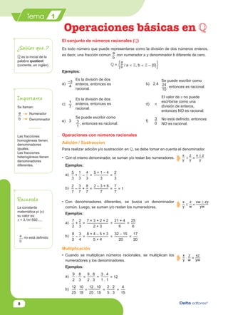 8
Tema 1
Operaciones básicas en
Es todo número que puede representarse como la división de dos números enteros,
es decir, una fracción común
a
b
con numerador a y denominador b diferente de cero.
Operaciones con números racionales
El conjunto de números racionales ( )
Importante
Las fracciones
homogéneas tienen
denominadores
iguales.
Las fracciones
heterogéneas tienen
denominadores
diferentes.
=
a
b / a ∈ Z, b ∈ Z – {0}
Ejemplos:
a)
–3
4
Es la división de dos
enteros, entonces es
racional.
b)
Se puede escribir como
24
10
, entonces es racional.
2,4
c)
Es la división de dos
enteros, entonces es
racional.
d)
El valor de p no puede
escribirse como una
división de enteros,
entonces NO es racional.
p
e)
Se puede escribir como
3
1
, entonces es racional.
f) No está definido, entonces
NO es racional.
1
7
3
3
0
¿Sabías que...?
Recuerda
es la inicial de la
palabra quotient
(cociente, en inglés).
a
b
Numerador
Denominador
Adición / Sustraccion
Para realizar adición y/o sustracción en Q, se debe tomar en cuenta el denominador.
• Con el mismo denominador, se suman y/o restan los numeradores.
Ejemplos:
x
y
±
z
y =
x ± z
y
• Con denominadores diferentes, se busca un denominador
común. Luego, se suman y/o restan los numeradores.
Ejemplos:
a)
5
3
+
1
3
–
4
3
=
5 + 1 – 4
3
=
2
3
b)
2
7
–
3
7
+
8
7
=
2 – 3 + 8
7
=
7
7
= 1
a)
7
2
+
2
3
=
7 × 3 + 2 × 2
2 × 3
=
25
6
Multiplicación
• Cuando se multiplican números racionales, se multiplican los
numeradores y los denominadores.
Ejemplos:
x
y
±
z
w =
xw ± zy
yw
a
0
, no está definido b)
8
5
–
3
4
=
8 × 4 – 5 × 3
5 × 4
=
=
21 + 4
6
=
17
20
32 – 15
20
a)
9
2
. 8
3
=
9 . 8
2 . 3
= 12
b)
12
25
. 10
18
=
12 . 10
25 . 18
=
=
3 . 4
1 . 1
=
4
15
2 . 2
5 . 3
x
y
. z
w
=
xz
yw
La constante
matemática pi (p)
su valor es:
p = 3,141592.....
Se llaman:
 