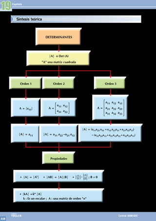 Capítulo
116
Colegios
TRILCE Central: 6198-100
19
Orden 1 Orden 2
Propiedades
• |A| = |At| • |AB| = |A||B| • B
A
B
A
= ; B ≠ 0
• |kA| =kn |A|
k : Es un escalar ; A : una matriz de orden "n"
Orden 3
A = [a11] A =
a11 a12
a21 a22
A =
a11 a12 a13
a21 a22 a23
a31 a32 a33
|A| = a11 |A| = a11 a22 –a21 a12
|A| = (a11a22 a33 +a12 a23a31+a21a32a13)
– (a31a22a13+a21a12a33+a32a23a11)
DETERMINANTES
|A| o Det (A)
"A" una matriz cuadrada
Síntesis teórica
 