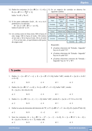 Álgebra
149
www.trilce.edu.pe Cuarto año de secundaria
1. Dados: A = {x ∈ / x3 = x} y B = {x ∈ / x2<16}; hallar "n(R)", siendo: R = {(a; b) ∈ A×B /
a+b=0}
a) 2 b) 0 c) 4 d) 1 e) 3
2. Dados: M={x ∈ / x4 – x=0} y N={x ∈ / x4 – x2=12}; hallar "n(R)", siendo:
R = {(a; b) ∈ M×N/a–b>0}
a) 2 b) 0 c) 4 d) 1 e) 3
3. Dados: A = {x ∈ / ||x – 2| – 3 | = 0}; hallar "n(R)", siendo: R = {(a; b) ∈ A2 / 0<a+b<10}
a) 2 b) 0 c) 4 d) 1 e) 3
4. Hallar la suma de elementos del dominio de "R", si: P={x∈ / x3 – x2 – 6x=0} y R={(a;b)∈P2/ab<0}
a) 2 b) 0 c) –2 d) 1 e) –1
5. Sean los conjuntos: M = {x ∈ / (x – 2)2 – |x – 2| – 6=0}, N = {x ∈ /x2 ≤ 4x – 4} y
R = {(a; b) ∈ N×M / a – b = °
3}. Hallar: n(R).
a) 2 b) 0 c) 4 d) 1 e) 3
12. Dados los conjuntos: A={x ∈ /|x – 1|=4} y
B={x ∈ / 2 < –
x
4
3 1 < 5}
hallar "A×B" y "B×A".
13. Si los pares ordenados (2n;0) , (0; –n) y (n;1)
pertenecen a la relación:
		 R= {(x; y) ∈ × / y = ax+b},
hallar el valor de "a+b".
14. Un ciclista corre en línea recta 100 m hacia el
este, luego 100 m hacia el norte, 150 metros
al nor este y 50 m hacia el este, 50 m al norte
y 75 m al nor este. ¿A qué distancia del punto
de origen está?
15. En un negocio de comidas se observa los
siguiente carteles:
A B
Entrada Segundo Entrada Segundo
Sopa
Arroz con
pato
Ensalada
Arroz a la
cubana
Ensalada
Arroz con
pollo
Causa
Arroz con
pato
Papa rellena Lomo saltado
Papa a la
huancaina
Tallarín
saltado
Causa Tallarín rojo Papaconocopa Cau Cau
Papa a la
huancaina
Lentejas con
pescado
Choclo con
queso
Lentejas con
pescado
Ceviche Chicharrón Sopa
Pescado
frito
Ceviche Jalea
Responder:
• ¿Cuántas relaciones de "Entrada - Segundo"
hay en el cartel "A"?
• ¿Cuántas relaciones de "Entrada - Segundo"
hay en el cartel "B"?
• ¿Cuántas relaciones comunes de "Entrada -
Segundo" hay en "A" y "B"?
Tú puedes
 