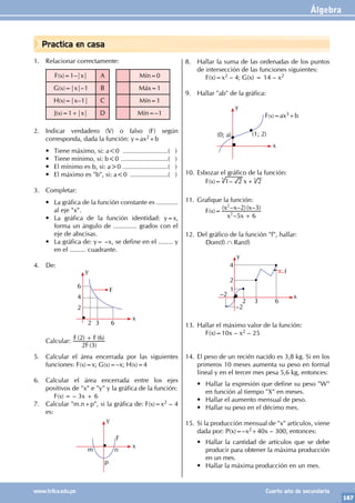 Álgebra
167
www.trilce.edu.pe Cuarto año de secundaria
Practica en casa
1. Relacionar correctamente:
F(x)=1–|x| A Mín=0
G(x)=|x|–1 B Máx=1
H(x)=|x–1| C Mín=1
J(x)=1+|x| D Mín=–1
2. Indicar verdadero (V) o falso (F) según
corresponda, dada la función: y=ax2+b
• Tiene máximo, si: a<0 ..........................( )
• Tiene mínimo, si: b<0 ...........................( )
• El mínimo es b, si: a>0 ..........................( )
• El máximo es "b", si: a<0 ......................( )
3. Completar:
• La gráfica de la función constante es ............
al eje "x".
• La gráfica de la función identidad: y=x,
forma un ángulo de ............. grados con el
eje de abscisas.
• La gráfica de: y= –x, se define en el ........ y
en el ......... cuadrante.
4. De:
y
x
2 3 6
F
6
4
2
Calcular:
( )
( ) ( )
F
F F
2 3
2 6
+
5. Calcular el área encerrada por las siguientes
funciones: F(x)=x; G(x)=–x; H(x)=4
6. Calcular el área encerrada entre los ejes
positivos de "x" e "y" y la gráfica de la función:
		F(x) = – 3x + 6
7. Calcular "m.n+p", si la gráfica de: F(x)=x2 – 4
es:
y
x
n
m
p
F
8. Hallar la suma de las ordenadas de los puntos
de intersección de las funciones siguientes:
		F(x)=x2 – 4; G(x) = 14 – x2
9. Hallar "ab" de la gráfica:
y
x
(0; a)
F(x)=ax3+b
(1; 2)
10. Esbozar el gráfico de la función:
		F(x)= – x
1 2 2
3 3
+
11. Grafique la función:
		F(x)=
–
( – – )( – )
x x
x x x
5 6
2 3
2
2
+
12. Del gráfico de la función "f", hallar:
		Dom(f) ∩ Ran(f)
y
x
3
4
2
2 6
1
–2
–2
f
13. Hallar el máximo valor de la función:
		 F(x)=10x – x2 – 25
14. El peso de un recién nacido es 3,8 kg. Si en los
primeros 10 meses aumenta su peso en formal
lineal y en el tercer mes pesa 5,6 kg, entonces:
• Hallar la expresión que define su peso "W"
en función al tiempo "X" en meses.
• Hallar el aumento mensual de peso.
• Hallar su peso en el décimo mes.
15. Si la producción mensual de "x" artículos, viene
dada por: P(x)=–x2+40x – 300, entonces:
• Hallar la cantidad de artículos que se debe
producir para obtener la máxima producción
en un mes.
• Hallar la máxima producción en un mes.
 