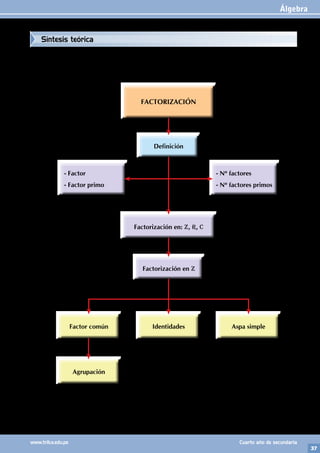 Álgebra
37
www.trilce.edu.pe Cuarto año de secundaria
Síntesis teórica
Definición
- Nº factores
- Nº factores primos
- Factor
- Factor primo
Factorización en: Z, R, C
Factorización en Z
Factor común
Agrupación
Identidades Aspa simple
FACTORIZACIÓN
 