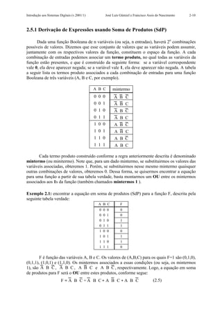 Introdução aos Sistemas Digitais (v.2001/1)             José Luís Güntzel e Francisco Assis do Nascimento   2-10



2.5.1 Derivação de Expressões usando Soma de Produtos (SdP)

      Dada uma função Booleana de n variáveis (ou seja, n entradas), haverá 2n combinações
possíveis de valores. Dizemos que esse conjunto de valores que as variáveis podem assumir,
juntamente com os respectivos valores da função, constituem o espaço da função. A cada
combinação de entradas podemos associar um termo produto, no qual todas as variáveis da
função estão presentes, e que é construído da seguinte forma: se a variável correspondente
vale 0, ela deve aparecer negada; se a variável vale 1, ela deve aparecer não negada. A tabela
a seguir lista os termos produto associados a cada combinação de entradas para uma função
Booleana de três variáveis (A, B e C, por exemplo).

                                              A B C          mintermo
                                              0 0 0           A⋅ B ⋅ C
                                              0 0 1           A ⋅ B ⋅C
                                              0 1 0           A⋅ B ⋅ C
                                              0 1 1           A ⋅ B ⋅C
                                              1 0 0           A⋅ B ⋅ C
                                              1 0 1           A⋅ B ⋅ C
                                              1 1 0           A ⋅ B⋅ C
                                              1 1 1           A ⋅ B⋅ C

       Cada termo produto construído conforme a regra anteriormente descrita é denominado
mintermo (ou minitermo). Note que, para um dado mintermo, se substituirmos os valores das
variáveis associadas, obteremos 1. Porém, se substituirmos nesse mesmo mintermo quaisquer
outras combinações de valores, obteremos 0. Dessa forma, se quisermos encontrar a equação
para uma função a partir de sua tabela verdade, basta montarmos um OU entre os mintermos
associados aos 1s da função (também chamados mintermos 1 ).

Exemplo 2.1: encontrar a equação em soma de produtos (SdP) para a função F, descrita pela
seguinte tabela verdade:
                                                A B C             F
                                                0   0    0        0
                                                0   0    1        0
                                                0   1    0        1
                                                0   1    1        1
                                                1   0    0        0
                                                1   0    1        1
                                                1   1    0        1
                                                1   1    1        0

        F é função das variáveis A, B e C. Os valores de (A,B,C) para os quais F=1 são (0,1,0),
(0,1,1), (1,0,1) e (1,1,0). Os mintermos associados a essas condições (ou seja, os mintermos
1), são A ⋅ B ⋅ C , A ⋅ B ⋅C , A ⋅ B ⋅ C e A ⋅ B⋅ C , respectivamente. Logo, a equação em soma
de produtos para F será o OU entre estes produtos, conforme segue:
                         F = A ⋅B ⋅ C + A ⋅ B⋅ C + A ⋅ B ⋅C + A ⋅B ⋅ C                   (2.5)
 
