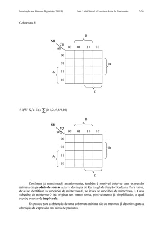 Introdução aos Sistemas Digitais (v.2001/1)        José Luís Güntzel e Francisco Assis do Nascimento   2-26



Cobertura 3:


                                                         D
                               S0
                                     CD
                                    AB        00   01      11       10

                                        00

                                        01                                      B

                                A       11

                                        10


                                                                  C




S1(W,X, Y, Z) = ∑ (0,1,2,5,8.9.10)

                                                         D
                               S1
                                     YZ
                                    WX        00   01      11       10

                                        00

                                        01                                      B

                                A       11

                                        10


                                                                  C

       Conforme já mencionado anteriormente, também é possível obter-se uma expressão
mínima em produto de somas a partir do mapa de Karnaugh da função Booleana. Para tanto,
deve-se identificar os subcubos de mintermos-0, ao invés de subcubos de mintermos-1. Cada
subcubo de mintermo-0 irá originar um termo soma, possivelmente já simplificado, o qual
recebe o nome de implicado.
      Os passos para a obtenção de uma cobertura mínima são os mesmos já descritos para a
obtenção da expressão em soma de produtos.
 