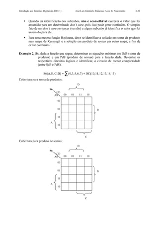 Introdução aos Sistemas Digitais (v.2001/1)             José Luís Güntzel e Francisco Assis do Nascimento   2-30



    •    Quando da identificação dos subcubos, não é aconselhável escrever o valor que foi
         assumido para um determinado don’t care, pois isso pode gerar confusões. O simples
         fato de um don’t care pertencer (ou não) a algum subcubo já identifica o valor que foi
         assumido para ele;
    •    Para uma mesma função Booleana, deve-se identificar a solução em soma de produtos
         num mapa de Karnaugh e a solução em produto de somas em outro mapa, a fim de
         evitar confusões

Exemplo 2.10:. dada a função que segue, determinar as equações mínimas em SdP (soma de
            produtos) e em PdS (produto de somas) para a função dada. Desenhar os
            respectivos circuitos lógicos e identificar, o circuito de menor complexidade
            (entre SdP e PdS).

                        S6(A,B,C,D) = ∑ (0,3,5,6,7) + DC(10,11,12,13,14,15)
Cobertura para soma de produtos:
                                                         D
                               S6
                                     CD
                                    AB        00   01      11      10

                                       00


                                       01                                    B

                                       11

                                A
                                       10



                                                                 C
Cobertura para produto de somas:
                                                         D
                               S6
                                     CD
                                    AB        00   01      11      10

                                       00


                                       01                                    B

                                       11

                                A
                                       10



                                                                 C
 