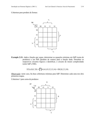 Introdução aos Sistemas Digitais (v.2001/1)                       José Luís Güntzel e Francisco Assis do Nascimento   2-39



Cobertura para produto de Somas:


                                                                           x3
                                    S4
                                          x2x3
                                         x0x1           00        01        11        10

                                              00


                                              01                                               x1

                                              11

                                    x0
                                              10



                                                                                     x2


Exemplo 2.11:. dada a função que segue, determinar as equações mínimas em SdP (soma de
            produtos) e em PdS (produto de somas) para a função dada. Desenhar os
            respectivos circuitos lógicos e identificar, o circuito de menor complexidade
            (entre SdP e PdS).

                          S7(A,B,C,D) = ∏ (4,6,8,9,12,13,14) + DC(0,2,5,10)

Observação: neste caso, há duas coberturas mínimas para SdP. Determine cada uma nos dois
primeiros mapas.
Cobertura 1 para soma de produtos:
                                                                       D
                               S7
                                      CD
                                     AB            00        01        11        10

                                         00


                                         01                                                B

                                         11

                                A
                                         10



                                                                                 C
 