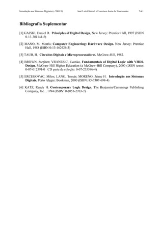 Introdução aos Sistemas Digitais (v.2001/1)   José Luís Güntzel e Francisco Assis do Nascimento   2-41




Bibliografia Suplementar

[1] GAJSKI, Daniel D. Principles of Digital Design, New Jersey: Prentice Hall, 1997 (ISBN
     0-13-301144-5)

[2] MANO, M. Morris; Computer Engineering: Hardware Design. New Jersey: Prentice
    Hall, 1988 (ISBN 0-13-162926-3)

[3] TAUB, H. Circuitos Digitais e Microprocessadores. McGraw-Hill, 1982.

[4] BROWN, Stephen; VRANESIC, Zvonko. Fundamentals of Digital Logic with VHDL
    Design, McGraw-Hill Higher Education (a McGraw-Hill Company), 2000 (ISBN texto:
    0-07-012591-0 CD parte da coleção: 0-07-235596-4)

[5] ERCEGOVAC, Milos; LANG, Tomás; MORENO, Jaime H. Introdução aos Sistemas
    Digitais. Porto Alegre: Bookman, 2000 (ISBN: 85-7307-698-4)

[6] KATZ, Randy H. Contemporary Logic Design. The Benjamin/Cummings Publishing
    Company, Inc. , 1994 (ISBN: 0-8053-2703-7)
 