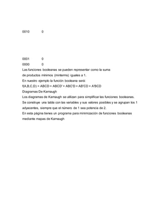 0010 0
0001 0
0000 0
Las funciones booleanas se pueden representar como la suma
de productos mínimos (minterms) iguales a 1.
En nuestro ejemplo la función booleana será:
f(A,B,C,D) = ABCD + ABCD' + ABC'D + AB'CD + A'BCD
Diagramas De Karnaugh
Los diagramas de Karnaugh se utilizan para simplificar las funciones booleanas.
Se construye una tabla con las variables y sus valores posibles y se agrupan los 1
adyacentes, siempre que el número de 1 sea potencia de 2.
En esta página tienes un programa para minimización de funciones booleanas
mediante mapas de Karnaugh
 