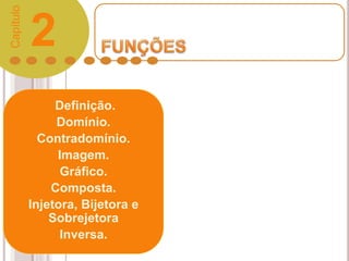 Definição.
Domínio.
Contradomínio.
Imagem.
Gráfico.
Composta.
Injetora, Bijetora e
Sobrejetora
Inversa.
2
Capítulo
 
