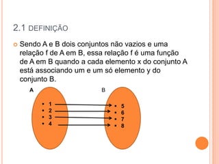 2.1 DEFINIÇÃO
 Sendo A e B dois conjuntos não vazios e uma
relação f de A em B, essa relação f é uma função
de A em B quando a cada elemento x do conjunto A
está associando um e um só elemento y do
conjunto B.
 5
 6
 7
 8
 1
 2
 3
 4
A B
 