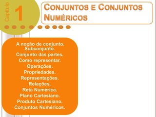 A noção de conjunto.
Subconjunto.
Conjunto das partes.
Como representar.
Operações.
Propriedades.
Representações.
Relações.
Reta Numérica.
Plano Cartesiano.
Produto Cartesiano.
Conjuntos Numéricos.
1
Capítulo
 